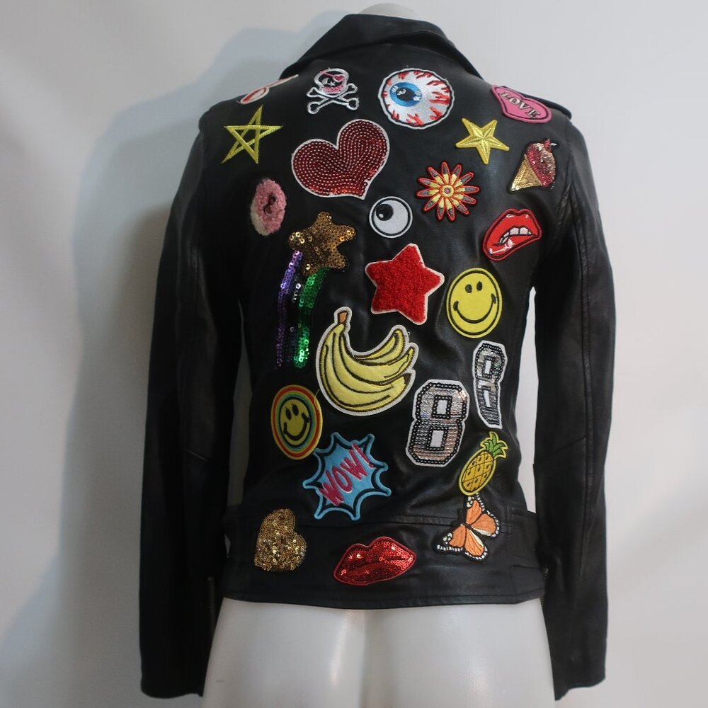 Womens Sunset + Spring Black Faux Leather Patchwork Motorcycle Jacket XS